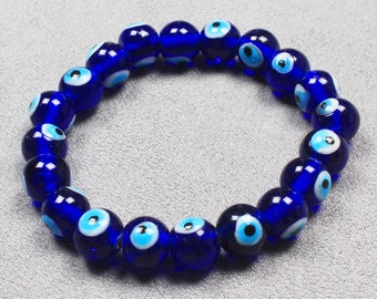 Evil Eye Crystal Beads Bracelet, Boho Fashion Adjustable Bracelet Jewelry, Round 10mm Natural Evil Eye Gemstone Beads Cuff Bracelets