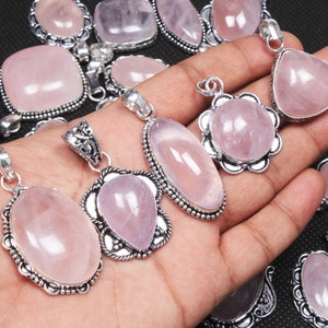Natural Rose Quartz Crystal Pendant Necklace, Silver Overlay Pendant Rose Quartz Gemstone Pendant For Women Wholesale Handmade Jewelry