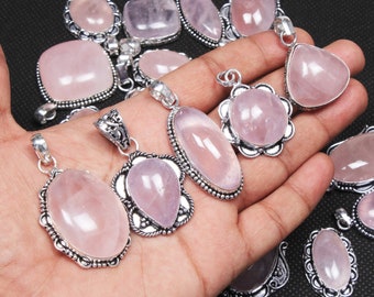 Natural Rose Quartz Crystal Pendant Necklace, Silver Overlay Pendant Rose Quartz Gemstone Pendant For Women Wholesale Handmade Jewelry