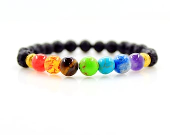 Pulsera de cristal de 7 chakras con difusores de piedra de lava, joyería de pulsera de moda boho, pulseras redondas de piedras preciosas naturales de 8 mm