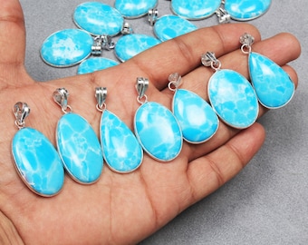 Synthetic Larimar Crystal Pendant Necklace, Silver Overlay Bezel Pendant, Larimar Gemstone Pendant For Women, Wholesale Pendant Jewelry