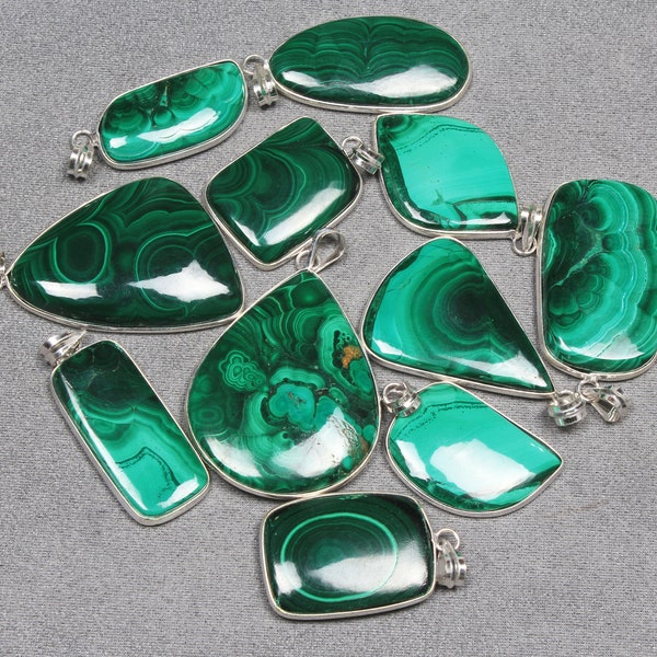 Real Malachite Crystal Pendant Necklace, Silver Overlay Bezel Pendant, Natural Malachite Gemstone Pendant For Women, Wholesale Pendant