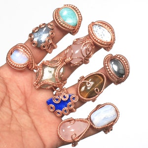 Multi Color Gemstone Macrame Copper Wire Rings Jewelry, Assorted Crystal Handmade Copper Wire Rings For Women