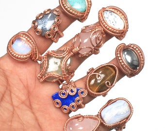 Multi Color Gemstone Macrame Copper Wire Rings Jewelry, Assorted Crystal Handmade Copper Wire Rings For Women