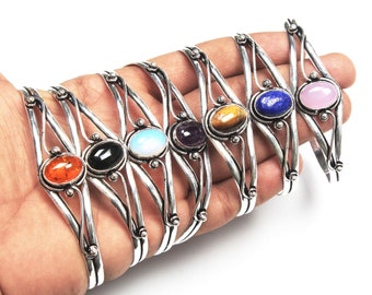 10x14mm Oval Multi Gemstone Adjustable Cuff Bangle Jewelry, Assorted Crystal Bangle Gemstone Silver Overlay Cuff Bracelet, Handmade Bracelet