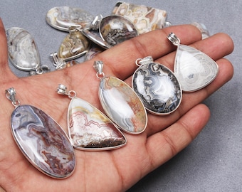 Natural Crazy Lace Agate Crystal Pendant Necklace, Silver Overlay Bezel Pendant, Crazy Lace Agate Pendant For Women, Wholesale Pendant