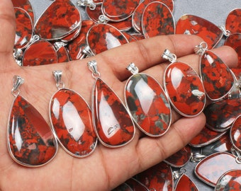 Red Jasper Gemstone Silver Overlay Bezel Pendant Necklace, Red Jasper Crystal Pendant For Women, Wholesale Pendant Fashion Jewelry