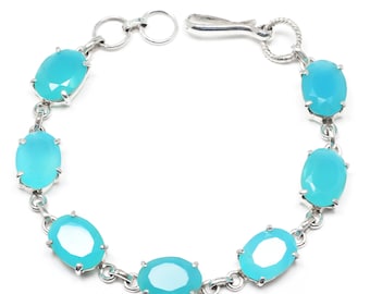 Chalcedony Gemstone Solid 925 Sterling Silver Handmade Bracelet Jewelry, Silver Bracelet For Women