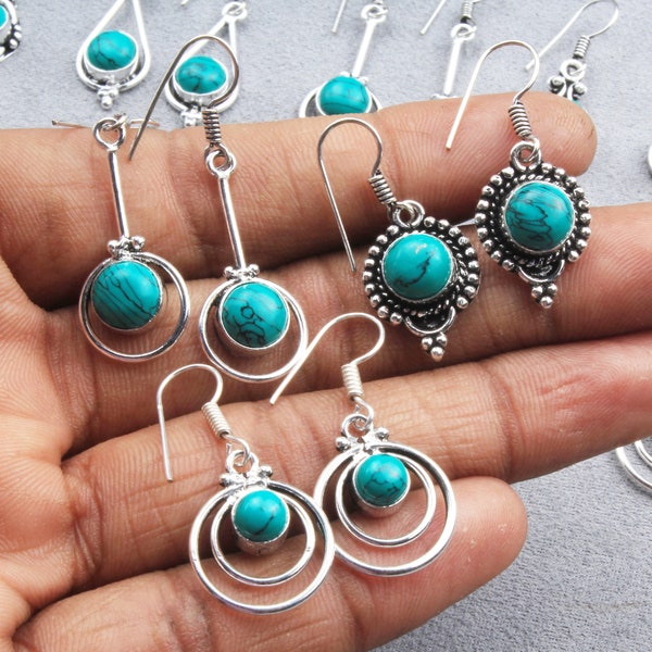 Turquoise Gemstone Hook Earring's, Silver Overlay Turquoise Crystal Earring's, Hippie Earring, Boho Gemstone Teardrop Earring Lot