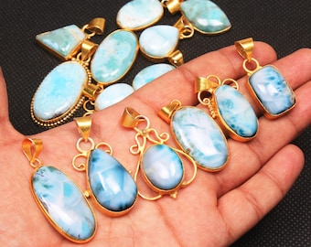 Real Larimar Gold Plated Pendant, Blue Natural Larimar Crystal Pendant Necklace, Larimar Pendant For Women, Wholesale Pendant Jewelry