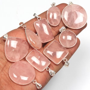 Pendentifs femme Quartz rose naturel Pierres précieuses lunette Collier avec pendentif superposition d&#39;argent pour femme Cadeau d&#39;anniversaire, Cadeau d&#39;anniversaire