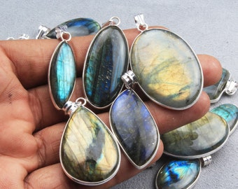 Labradorite Crystal Necklace Pendants, Women Gemstone Pendant, Silver Overlay Pendants, Hippie Pendant, Women Vintage Pendant Jewelry Lot