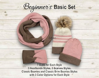 May include: Beginner's Basic Set of knit hats, headbands, and scarves in brown and pink. 7 sizes for each style, 3 headband styles, 3 scarf styles, classic beanies and classic brim beanies, with 3 color options for each style.