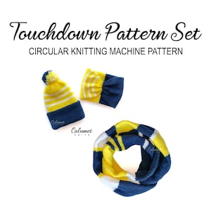 May include: A knitting pattern set for a hat, scarf, and headband in yellow, white, and blue stripes. The pattern is for use with a circular knitting machine. The pattern is called "Touchdown Pattern Set - Circular Knitting Machine Pattern".
