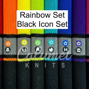 May include: A set of eight knitted wrist warmers in rainbow colors with black icons. The icons are of Star Wars characters. The text "Rainbow Set Black Icon Set" is printed on a white banner.