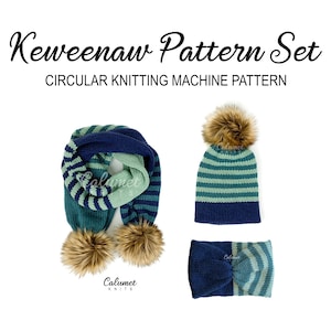 May include: A knitting pattern set for a hat, scarf, and headband. The set features a blue and green striped pattern with a faux fur pom pom on the hat. The pattern is called "Keweenaw Pattern Set" and is for circular knitting machines.