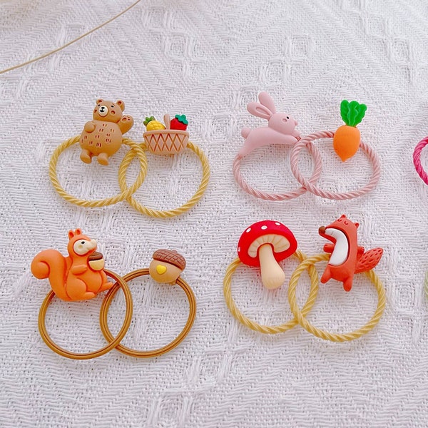 Set of 2 Garden Animal Hair Ties for baby toddler girl,Cute Baby Girl hair Accessory,Toddler Hair Holder,teddy bear,Squirrel,Bunny,Kitten