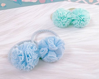 Set of 2 Blue&Mint PomPom hair ties for baby girl toddler,Tulle Prom Prom hair ties,bobbles hair ties,Girl hair Elastics Fluffy Hair Bobbles