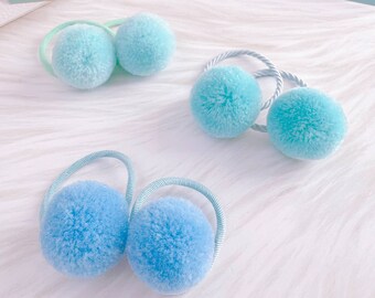 2 Blue Fluffy Soft Yarn Pom Pom hair ties for baby girl toddler,Prom Prom hair ties,Baby bobbles Elastics hair ties ,Girls Pony Tail Holder