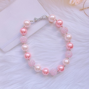 Collier Bubblegum Bébé Filles, Collier Bébé Rose Blanc, Collier De Perles Bubblegum Fille, Collier Chunky Filles, Collier Bébé Grand Perle Bébé