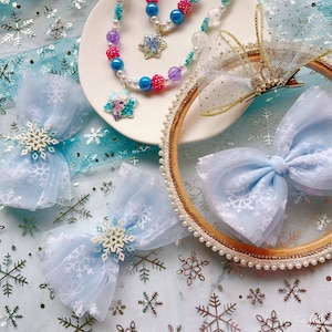 Frozen Princess Bow Tulle Snowflake Bow Hair Clips for baby kids girl toddler Crown hair accessories Disney Princess Elsa necklace bracelet
