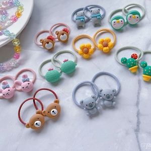 Set of 2 Animal Hair Ties baby toddler hair ties, girl hair ties, Elastic Hair Tie Hair Accessories Toddler Hair Holder, Koala bunny flower