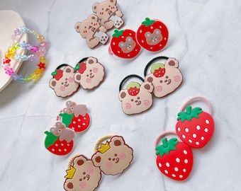 Set of 2 Strawberry Bear hair ties for baby toddler girl kids hair ties fruit Hair Ties Elastic soft Hair Tie Hair Accessories Hair Holder