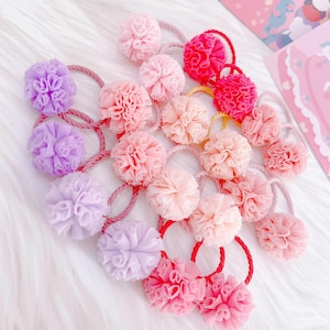 2 Purple & Pink Pom Pom hair ties for baby girl toddler,Tulle Prom Prom hair ties,bobbles hair ties,Girl hair Elastics Fluffy Hair Bobbles