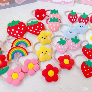 Set of 2 Soft silicone hair ties for baby toddler girl,Cute Strawberry&Flowers Hair Ties,Toddler Cute Hair Accessory,gift for girl,Rainbow