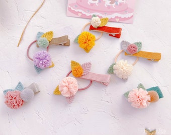 Pom Pom Blume Haarschmuck Set für Baby Mädchen und Kleinkind,Bommel Haargumband und Haarspange,Blumen Mädchen Haarspange,Mädchen Flauschige Haargumsätze