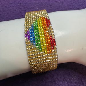 Golden Rainbow Heart Beaded Bracelet – Handwoven Pride Jewelry | Love Is Love Bead Loom Cuff | LGBTQ Gift