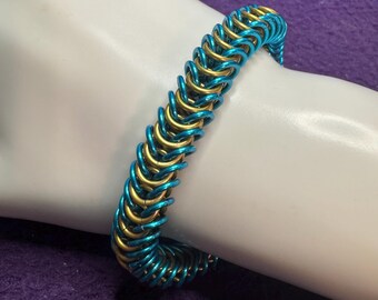 Gold and Blue Box Weave Chainmail Bracelet | Handwoven Aluminum Rings | Lightweight Flexible Jewelry | Medieval Inspired
