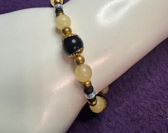 Citrine and Onyx Gemstone Bracelet – Gold Accents & Adjustable Chain