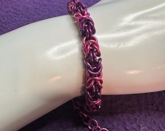 Fuchsia and Purple Chainmail Bracelet – Handmade Aluminum Jewelry with Crystal Charm