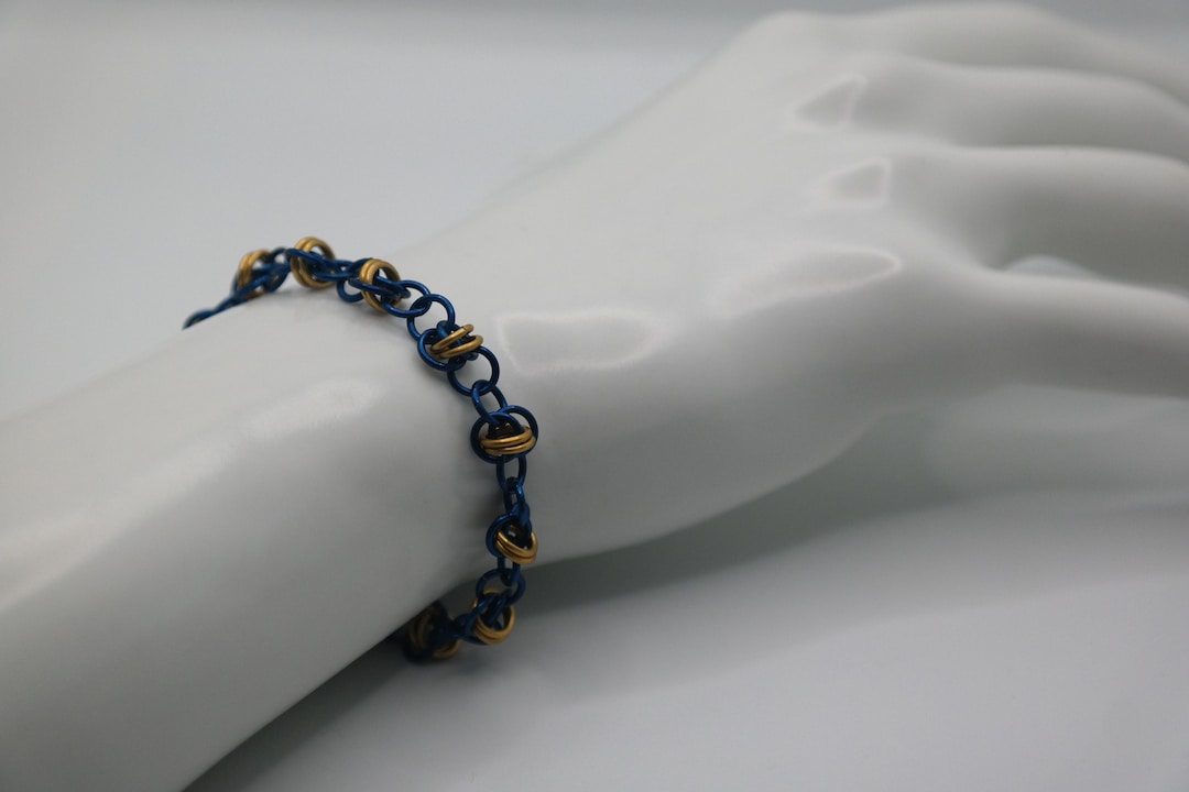 Blue and Gold Barrel Weave Chainmail Bracelet | Handwoven Aluminum ...