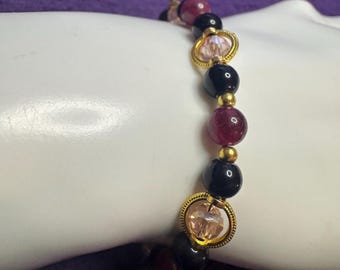 Red Garnet, Onyx and Crystal Bracelet – Gold Accents & Elegant Shine