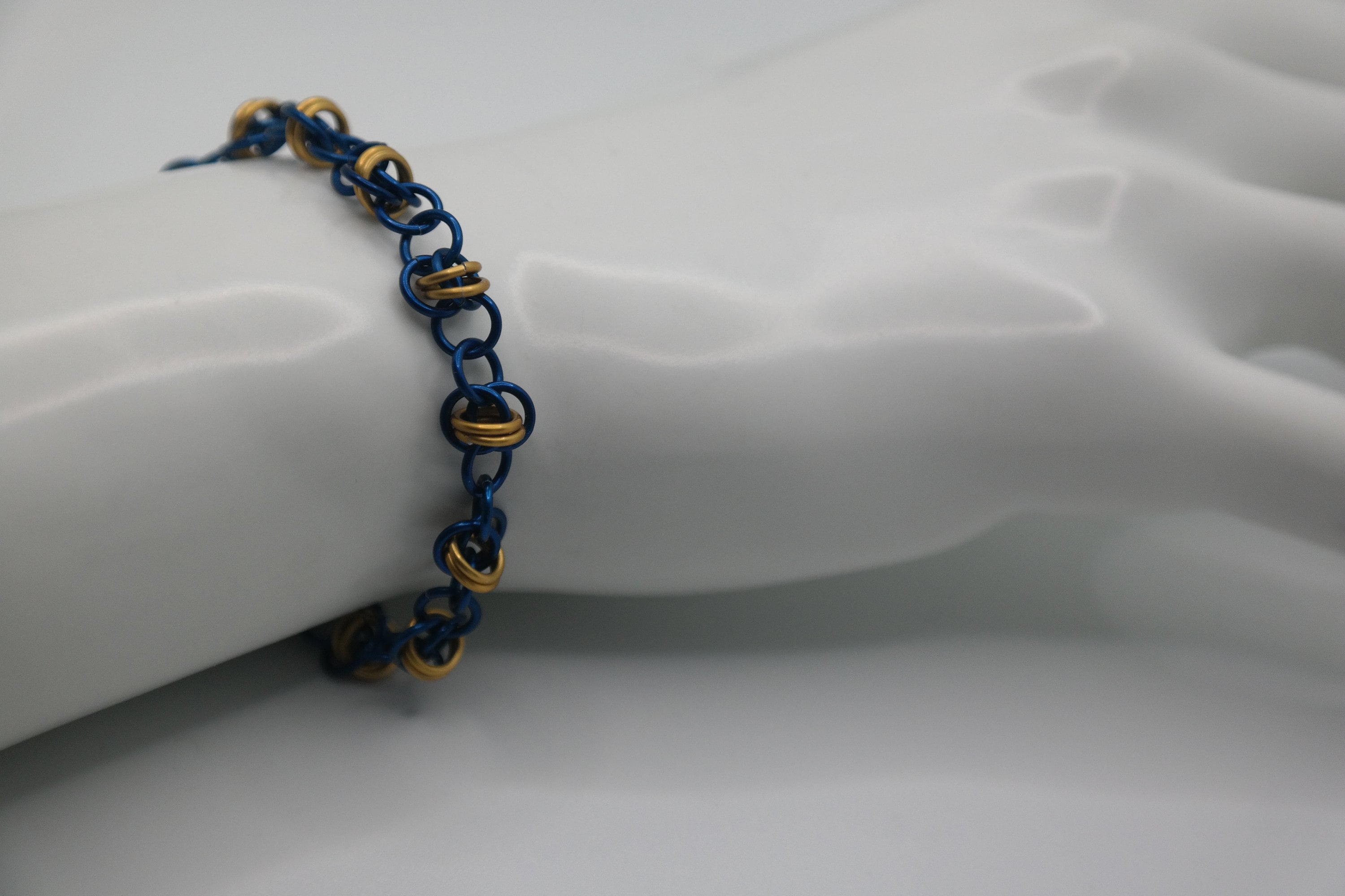 Blue and Gold Barrel Weave Chainmail Bracelet | Handwoven Aluminum ...