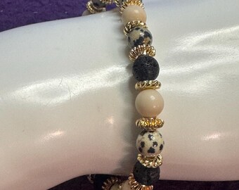Dalmatian Jasper & Lava Rock Stretch Bracelet – Gold Accent Spacers