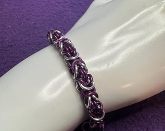 Purple and Silver Chainmail Bracelet – Handmade Aluminum Jewelry with Crystal Charm