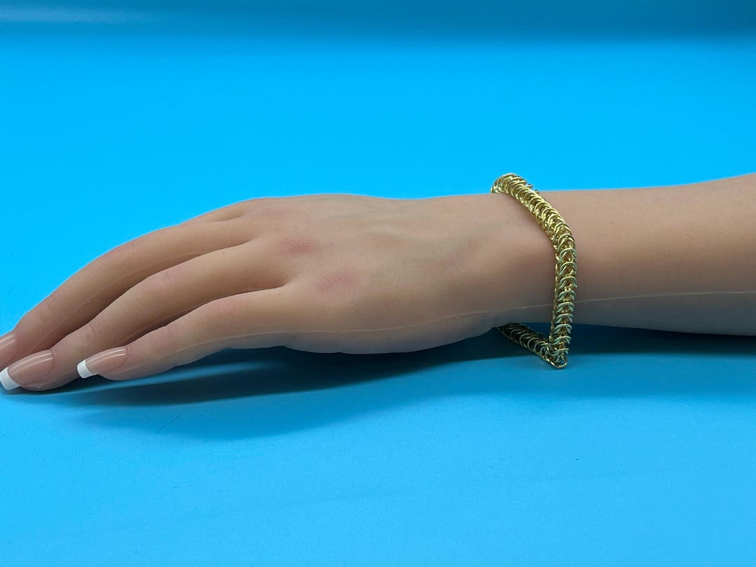 Gold and Blue Box Weave Chainmail Bracelet | Handwoven Aluminum Rings ...