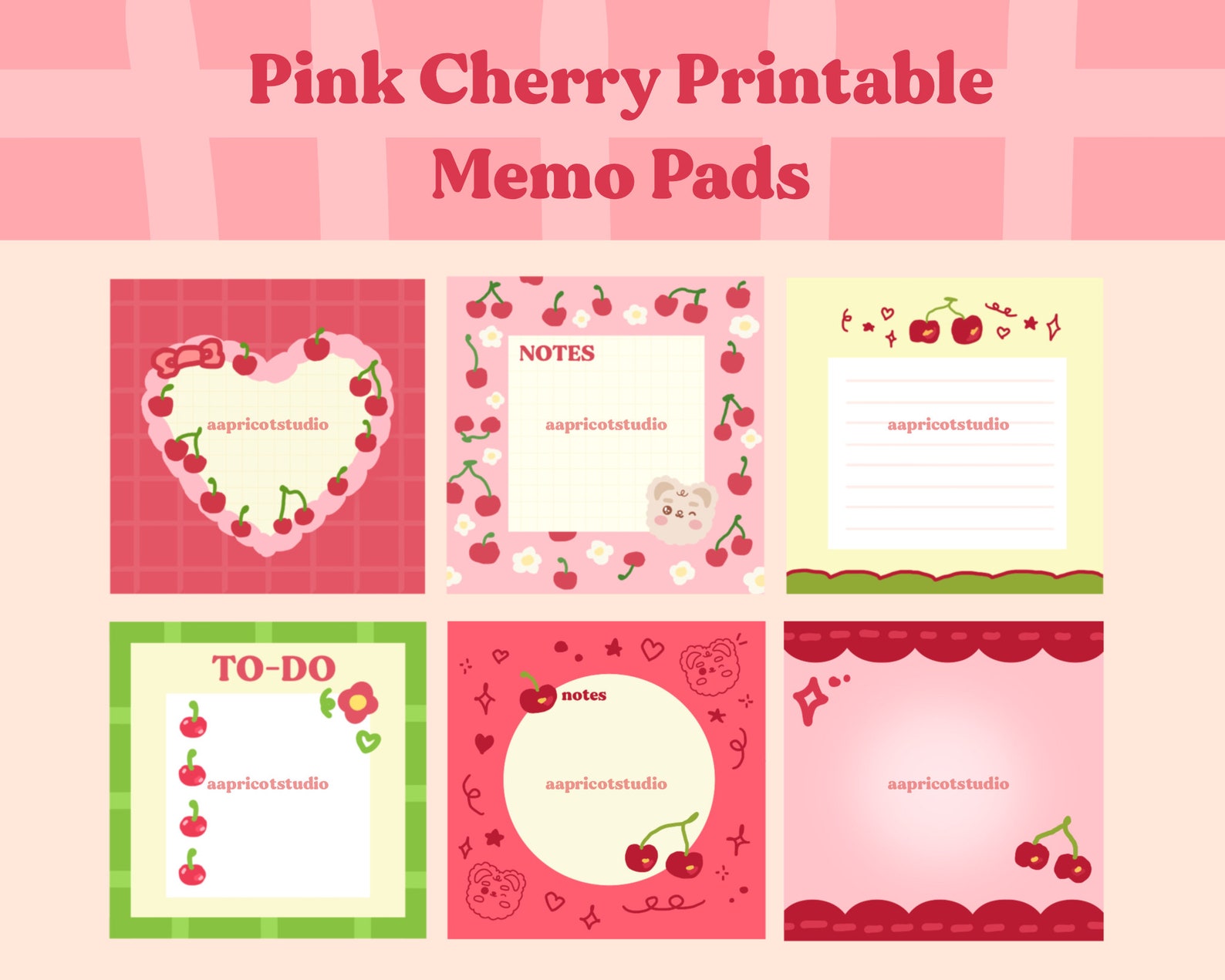 Pink Cherry Kawaii Printable Memo Pads, Digital Download Memo Pads ...