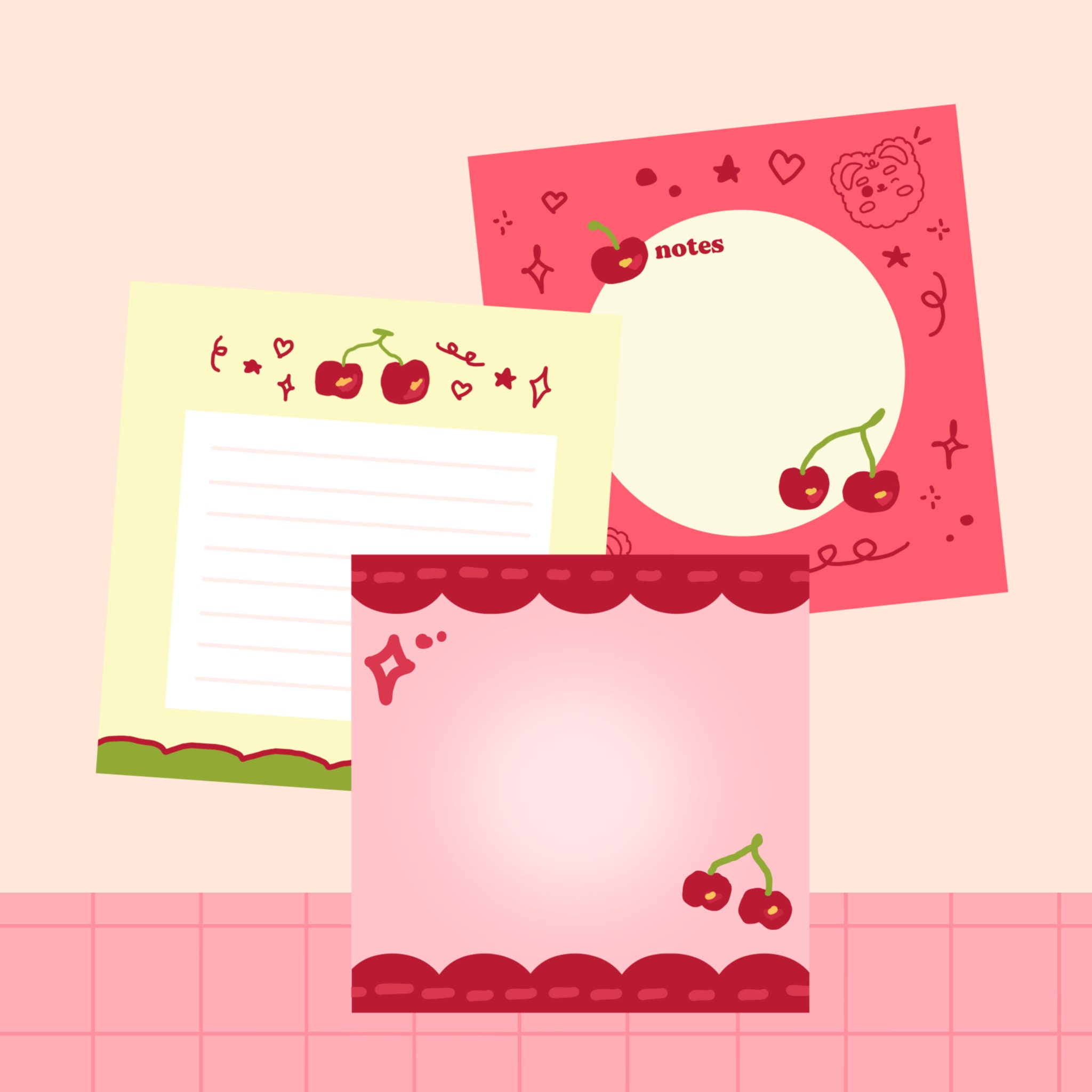 Pink Cherry Kawaii Printable Memo Pads, Digital Download Memo Pads ...