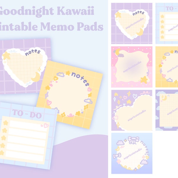 Goodnight Kawaii Printable Memo Pads, Digital Download Memo Pads, Cute Printable Notepad, Memo Sheet, Moons and Stars, Instant Download