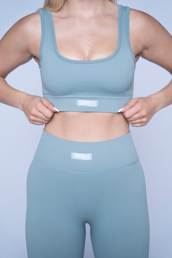 Power and Comfort in One: Light Blue Sports Set With Long Leggings and Matching  Sports Bra for Your Active Workout 