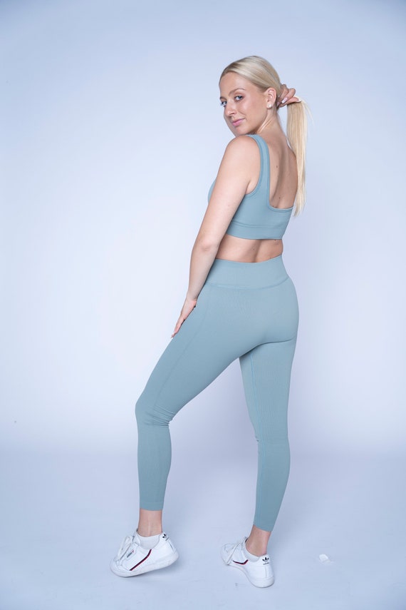 Power and Comfort in One: Light Blue Sports Set With Long Leggings and Matching  Sports Bra for Your Active Workout 