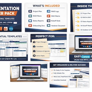 Peut inclure: Présentation de modèles pour la mise en œuvre de projets, incluant des plans de projet, des journaux RAID et des rapports d'état. L'image présente un ordinateur portable affichant le titre "Implementation Starter Pack", avec le texte "Easy Canva Import".