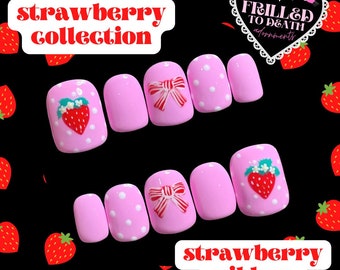 READY TO SHIP - Strawberry Ribbon - Handpainted Press on Strawberry Nails Frilled to Death Nails - Small