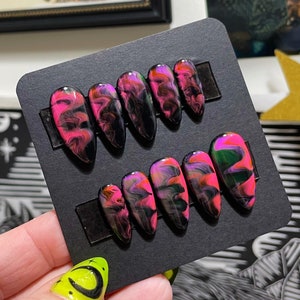 MADE TO ORDER - Neon Smoke - Handpainted Glow under uv Light Groovy Black Gel Press on Nails Frilled to Death Nails