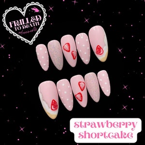 MADE TO ORDER - Strawberry Shortcake - Handpainted Strawberry Cake Press on Nails Frilled to Death Nails