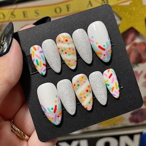 MADE TO ORDER - Birthday Cake - Handpainted Sprinkles Confetti Cake Press on Nails Frilled to Death Nails